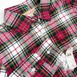 NEW Brooks Brothers Top Womens 2 Red Fleece Metallic‎ Plaid Button Up Holiday